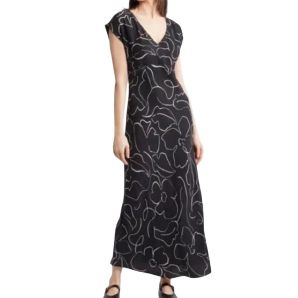 Madewell Marianna Floral Print V‎ Neck Cupro Maxi Dress Black Cap Sleeve Small 4